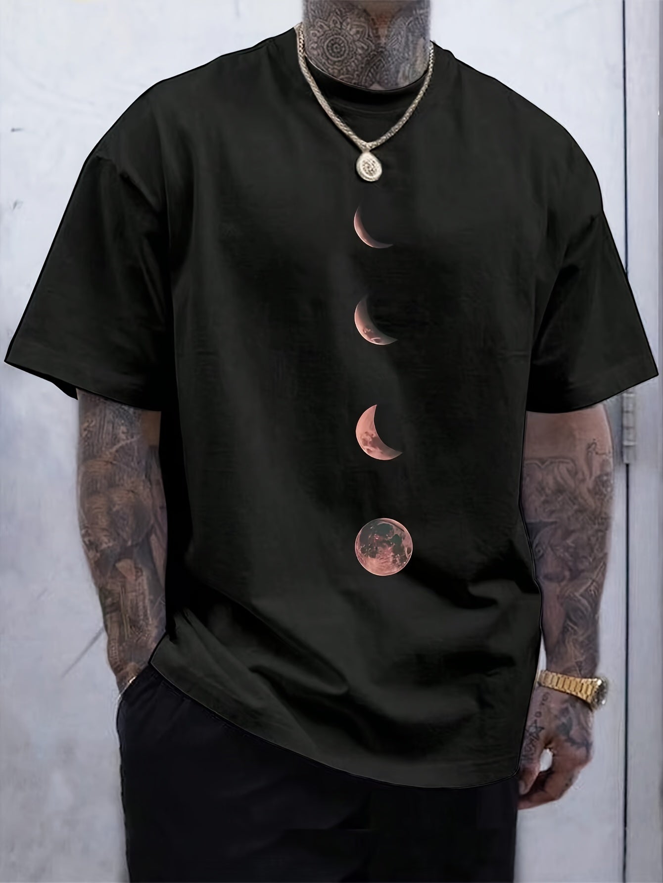 Տղամարդկանց վերնաշապիկ՝ Moon Print, Crew Neck, Ամառային հագուստ, Մեծահասակների Տրիկոտաժե Գործվածք, Սովորական Հարմարեցում