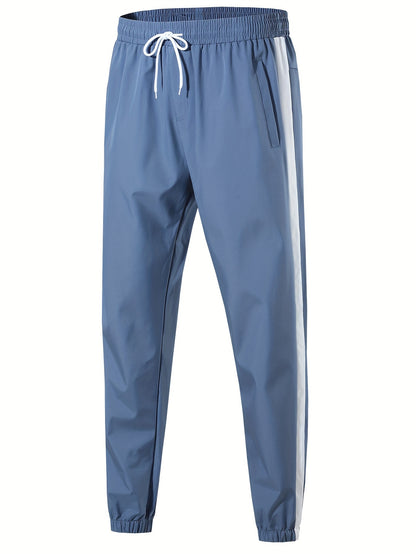 Men's Casual 2-Piece Outfit, Stylish Color Block Zip Up Hooded Jacket, Breathable Solid Color Drawstring Pants