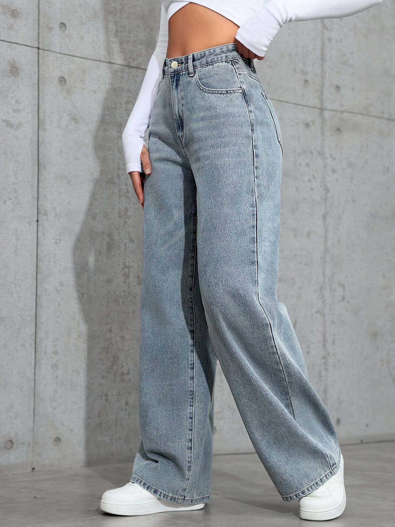 Women's Fashion Wide Leg Jeans, Casual High-Waisted Denim Pants with Pockets, All-Season Solid Color, Comfortable Slimming Design, 54.10% 35.10% Polyester 9.50% Viscose 1.30% Elastane