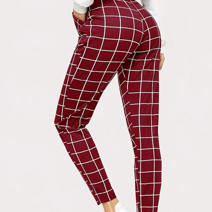 Plaid Print High Waist Pants Elegant Straight Leg Slants Pockets Pants, Women's Clothing