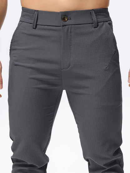 Men's Casual Solid Color Pants - Polyester, Machine Washable, Button Detail, Regular Fit for All Seasons