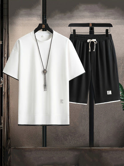 Waffle Grid Men's Trendy Round Neck T-shirt Breathable Casual Sports Suit Loose Two-Piece Set