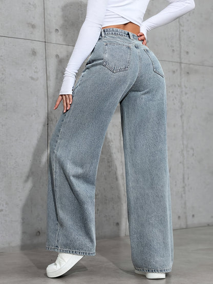 Women's Fashion Wide Leg Jeans, Casual High-Waisted Denim Pants with Pockets, All-Season Solid Color, Comfortable Slimming Design, 54.10% 35.10% Polyester 9.50% Viscose 1.30% Elastane