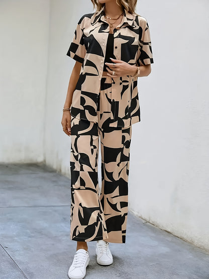 Geometric print button- short-sleeved shirt and wide-leg pants, a new set of elegant shirts for spring and summer