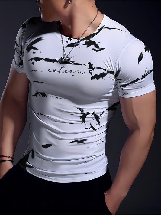 Men's High-Elasticity Anti-Tear Graffiti T-Shirt - Black & White Geometric Print, Tight-Fit Athletic Top for Gym, Running, Yoga & Casual Summer Wear, Gym Clothes, Highelastic Polyester, Short Sleeve Design