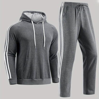 A Set of Two Men'S Casual Sports Outfits, Featuring a Striped Design with Moderately Soft Fabric, Suitable for Outdoor Running And Fitness Activities in All Seasons.