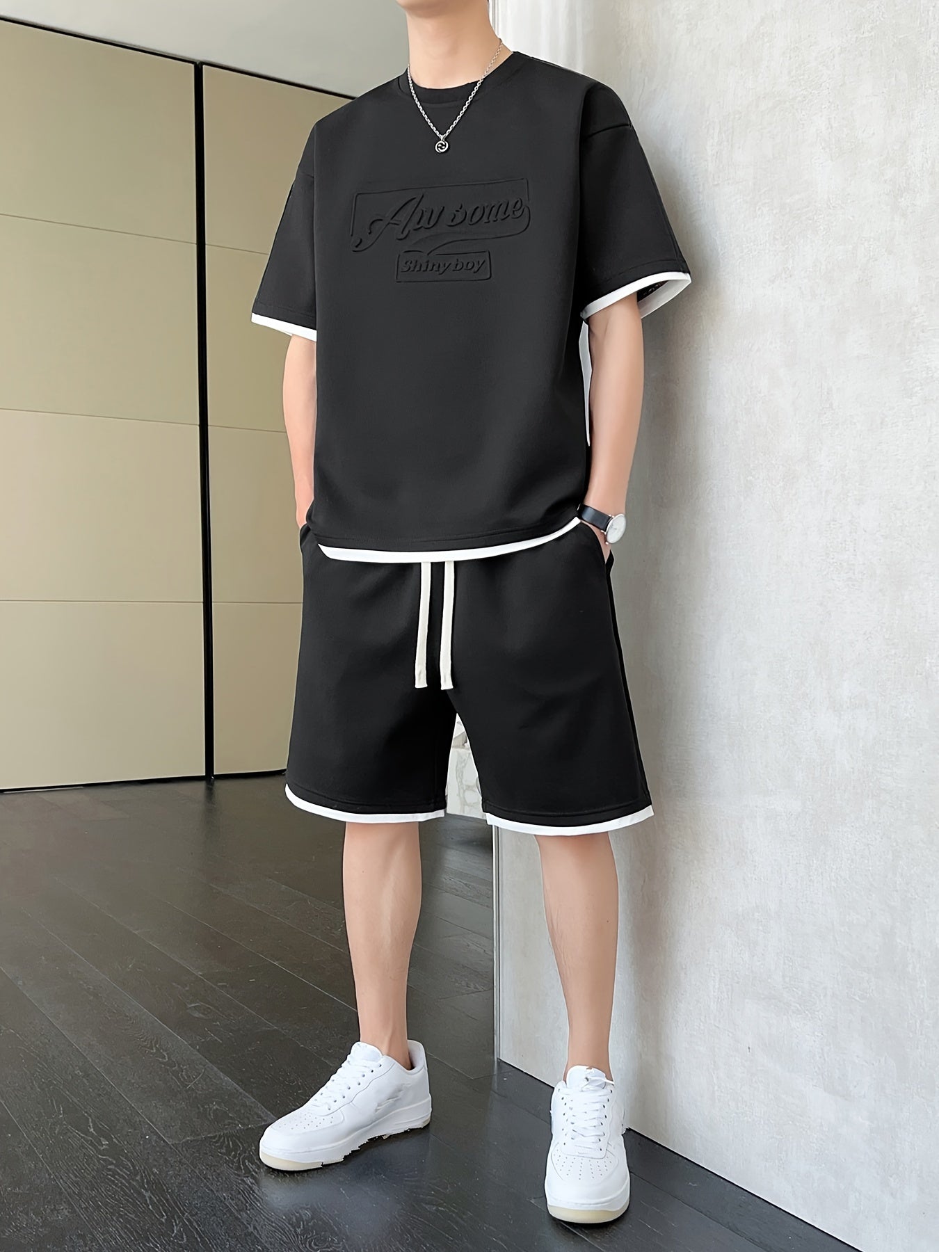 Men's Casual Fashion Sportswear Set - Light Gray "DREAMS" Print T-Shirt & Shorts, 100% Polyester, Machine Washable, Summer Outfit