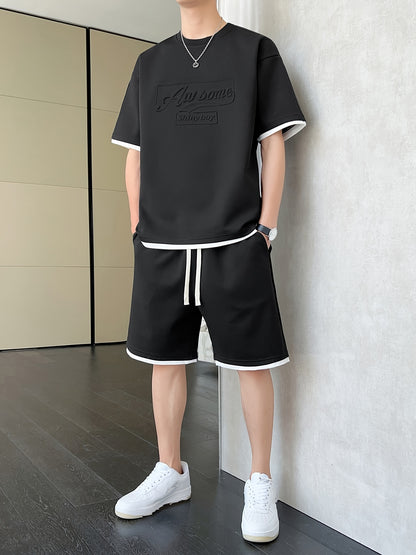 Men's Casual Fashion Sportswear Set - Light Gray "DREAMS" Print T-Shirt & Shorts, 100% Polyester, Machine Washable, Summer Outfit