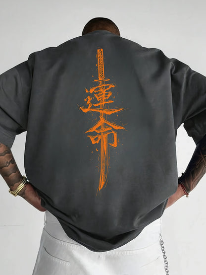 Men'S Japanese Samurai Sword Graphic T-Shirt - Casual Loose Fit Crew Neck, Short Sleeve Tee with Red Stylized Japanese Katanas Design, Breathable Polyester for Spring & Summer Outdoor Wear