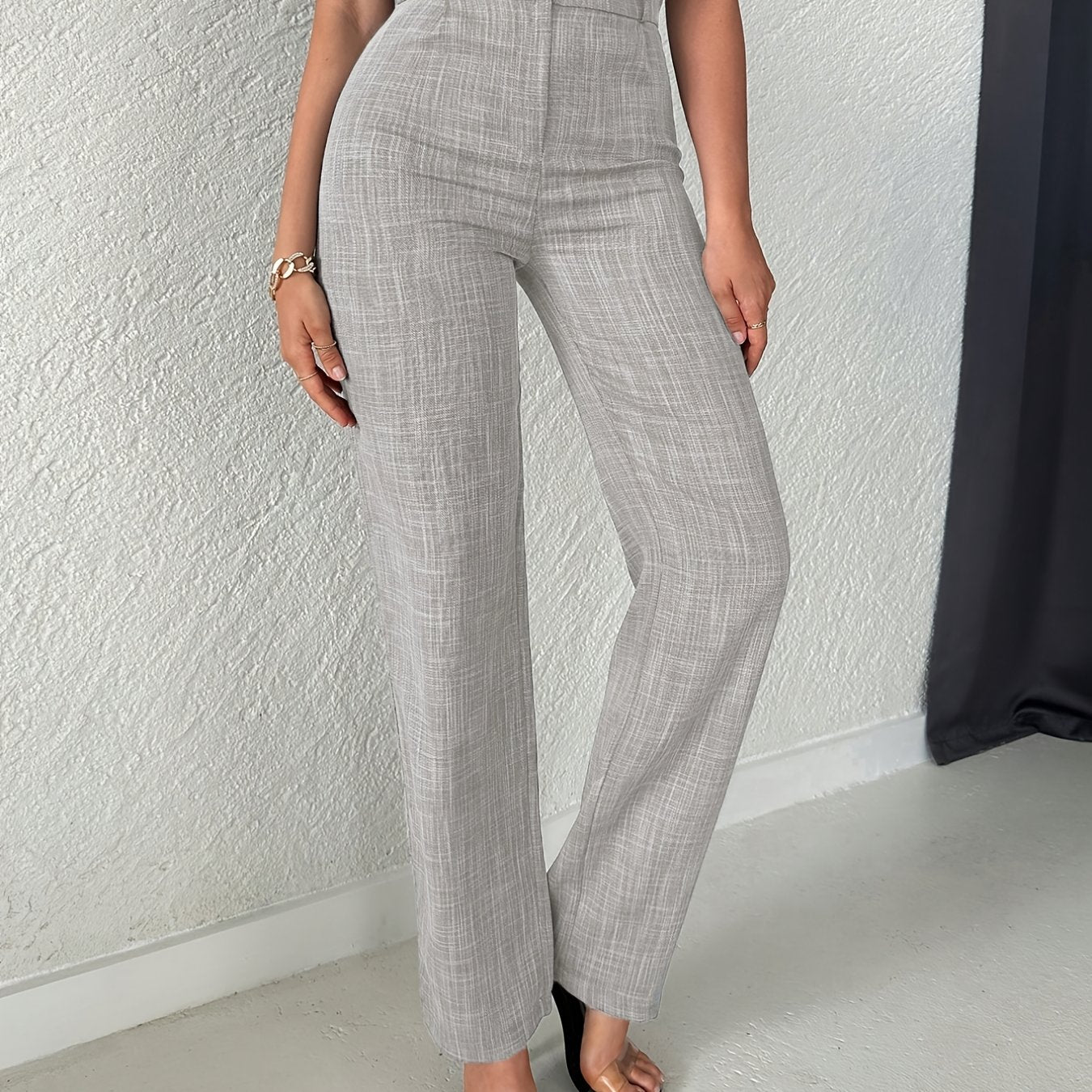 Women's Elegant High-Waist Straight Leg Pants - Solid Color, Ribbed Texture, Slant Pockets, Comfortable Commuter Wear, Machine Washable