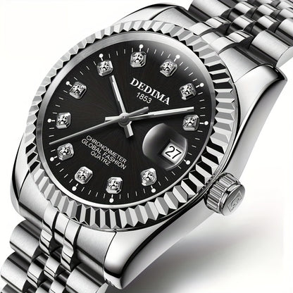 DEDIMA Elegant Stainless Steel Band Calendar Watch, Quartz Movement, Round Dial with Rhinestones, Battery-Powered, Non-Rechargeable Button Battery, Regular Cleaning, for Men, Women, Students, Christmas, Valentine'S Day, Thank