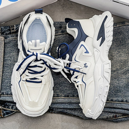 Men'S Breathable Mesh Sneakers with Thick Cushioned Sole - Lightweight Low-Top Lace-Up Shoes for Running, Hiking & Casual Wear, Navy Blue & White Design, All-Season Comfort, Sneakers, Hiking Footwear, Stylish Laceup Shoes, Du