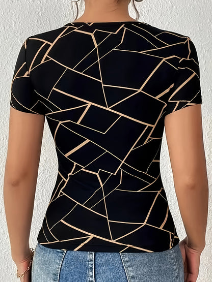 Women's Casual Geometric Diamond Pattern Off-Shoulder T-Shirt - Black & Golden Contrast, Lightweight Breathable Fabric, Machine Washable Spring Summer Tops, Ladies T-shirts, Trendy Outfit, Elegant Neckline, Contrast Detailing