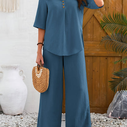 Women'S Large Size Elegant Wide Leg Pants Short Sleeve Top Set with Fake Buttons, YUKIWI