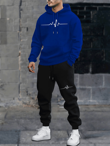 1set Men'S Casual Geometric Heartbeat Pattern Hoodie and Sweatpants Set, Polyester and Spandex Blend, Loose Fit, Hooded Pullover for Autumn/Winter