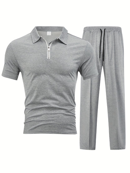 Men'S Casual 2pcs Set Knitted: Zipper Short Sleeve Shirt and Drawstring Pants - Black, Polyester, Suitable for Spring/Summer Casual Wea
