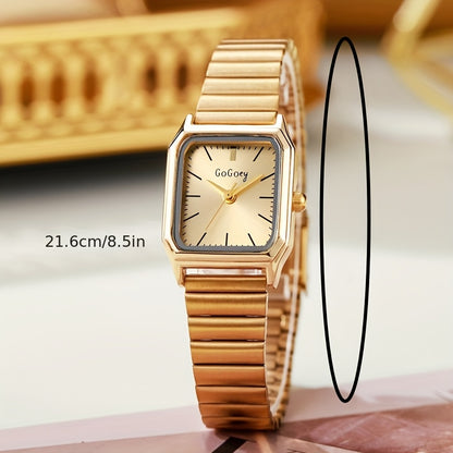 1pc Women Gold Stainless Steel Strap Fashion Square Dial Quartz Watch, for Daily Life, Holiday gift