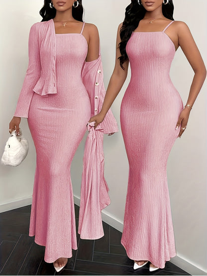 An elegant and stylish solid-color dress with a cardigan set, suitable for spring, summer, autumn, and winter seasons