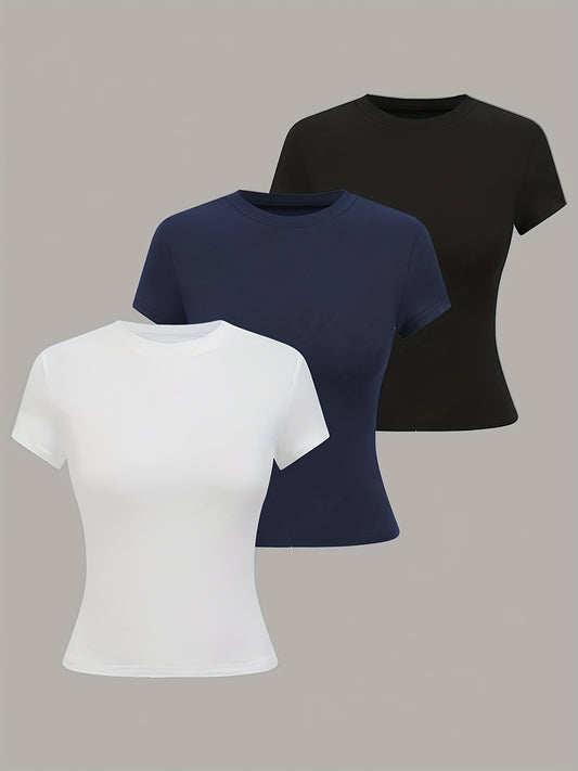 3pcs Women'S Basic Crew Neck Short Sleeve Crop T-Shirts in Black, White, and Gray - Slim Fit, Stretchy Polyester Blend, Cute & Versatile for Spring/Summer, Casual Outings, Vacation Attire | Basic Crop Top | Textur