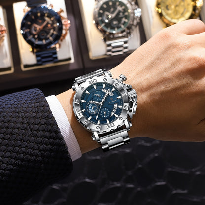POEDAGAR Men'S Luxury Stainless Steel Business Watch with Date Display, 3ATM Blue Dial, Rotating Bezel, Alloy Case, Quartz Movement - Elegant Formal Accessory, Formal Accessory|Luxurious Watch|Quartz Movement Watch