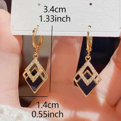 Elegant Vintage-Inspired Geometric Rhombus Drop Earrings with Crystal Accents, Zinc Alloy Dangle Earrings with Copper Ear Needle, Suitable for Daily and Party Wear - Pair