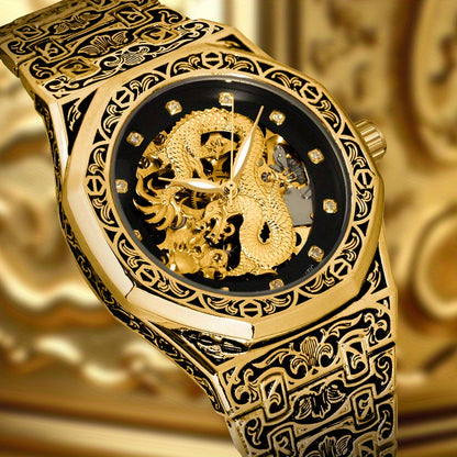 1pc Youth Men's Yellow Steel Strap Business Style Elegant Glow-in-the-Dark Carved Dragon Mechanical Watch