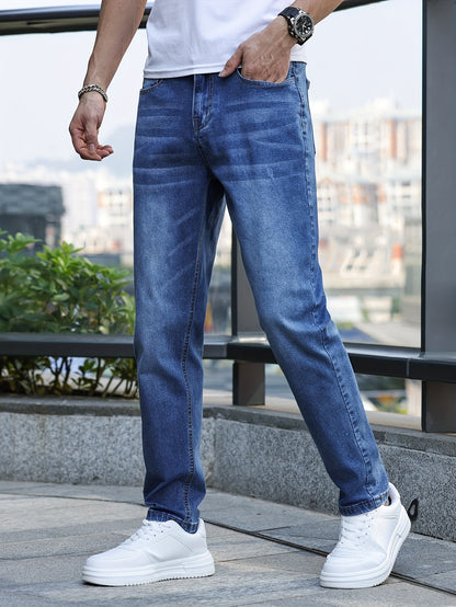 Men's Solid Skinny Cotton Blend Denim Jeans, All Seasons Wearable Medium Stretch Washed Jeans, Suitable For Daily And Outing Wear