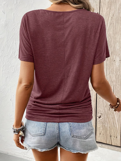 Women'S V-Neck Ruched T-Shirt - Olive Green Casual Top with Short Sleeves, Frayed Hem, and Button Detail, Perfect for Summer Outfits, Casual Summer Wear | Vneck Top | Ruched Texture