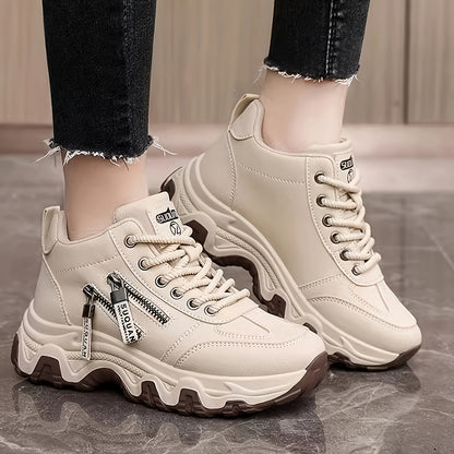 Women's White Platform Sneakers - Chunky Platform Shoes with Cushioned PVC Sole, Lace-Up Low-Top for Everyday, Travel, Office - All-Season Synthetic Cover - Leg-Lengthening Design, Ladies Sneakers, Travel Footwear, Chunky Sol