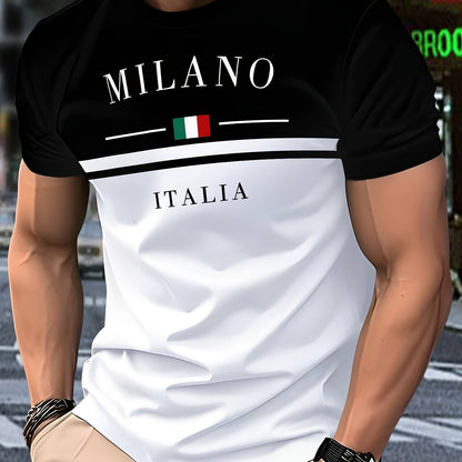Men's casual short-sleeve round-neck striped polyester knit T-shirt, breathable, 110g/m², slightly stretchy, regular fit, smooth texture, suitable for summer weekend wear