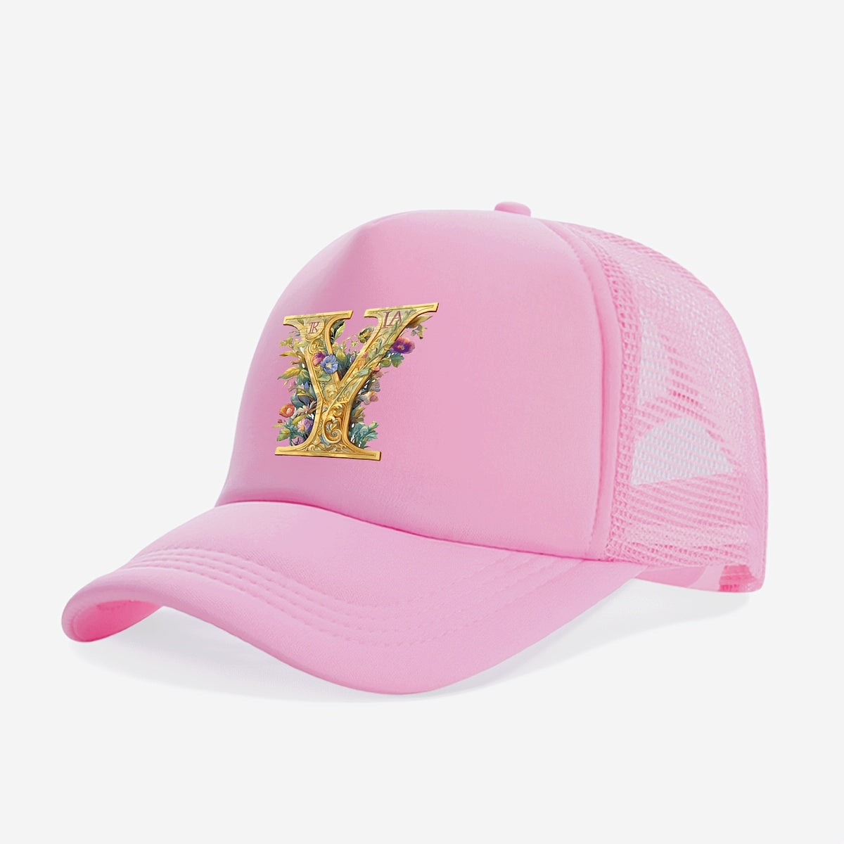 1-Pack Youngsters Trucker Hat with Golden Floral Letter A Design - Breathable Sun Protection, 100% Polyester, Adjustable Snap Closure, Pink for Spring/Summer Outdoor Play, Back to School, Thanksgiving, Teacher's Day (Ages 3-1