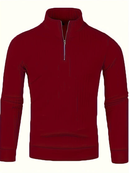 Men'S Casual Polyester Sweater, Solid Color, High Neck Quarter Zip, Long-Sleeved Pullover, Regular Fit, 100% Polyester Knit Fabric, 230g/m² - Fall/Winter Essential