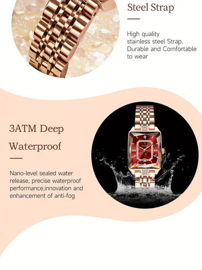 POEDAGAR Elegant Women's Quartz Watch - Rose Golden Stainless Steel, (3ATM), Square Dial with Gemstone Accents, Date Display, Luxury Fashion Accessory for Casual or Formal Occasions