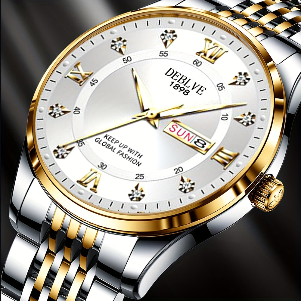 Elegant Men'S Stainless Steel Quartz Watch with Luminous Hands, Date Display & Week Indicator - Classic Design, Non-Waterproof, Battery Powered - Ideal Gift for Christmas, Halloween, Campus Related Events, Everyday Watch|Clas