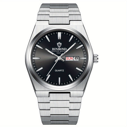 BINBOND Fashion Solid Stainless Steel Buckle Men's Business Casual Quartz Watch Thin Double Calendar Men's Watch