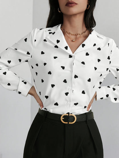 Elegant Women's Heart Pattern Long Sleeve Button-Up Shirt - Semi-Sheer, Polyester, Machine Washable - Perfect for Spring/Fall