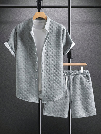 Men'S Casual Summer Short Sleeve Shirt & Shorts Set - Light Blue, Button-Up, Polyester, Perfect for Casual Attire, Parties, and Outdoor Activities, Casual Summer Wear|Short Sleeve Shirt|Polyester Fabri