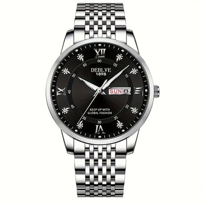 1pc Men'S Business Style Roman Dial Quartz Watch with Luminous Date and Day Display, Stainless Steel Alloy Strap, IPX7 Waterproof, Battery Operated, Elegant Fashion Accessory + Box