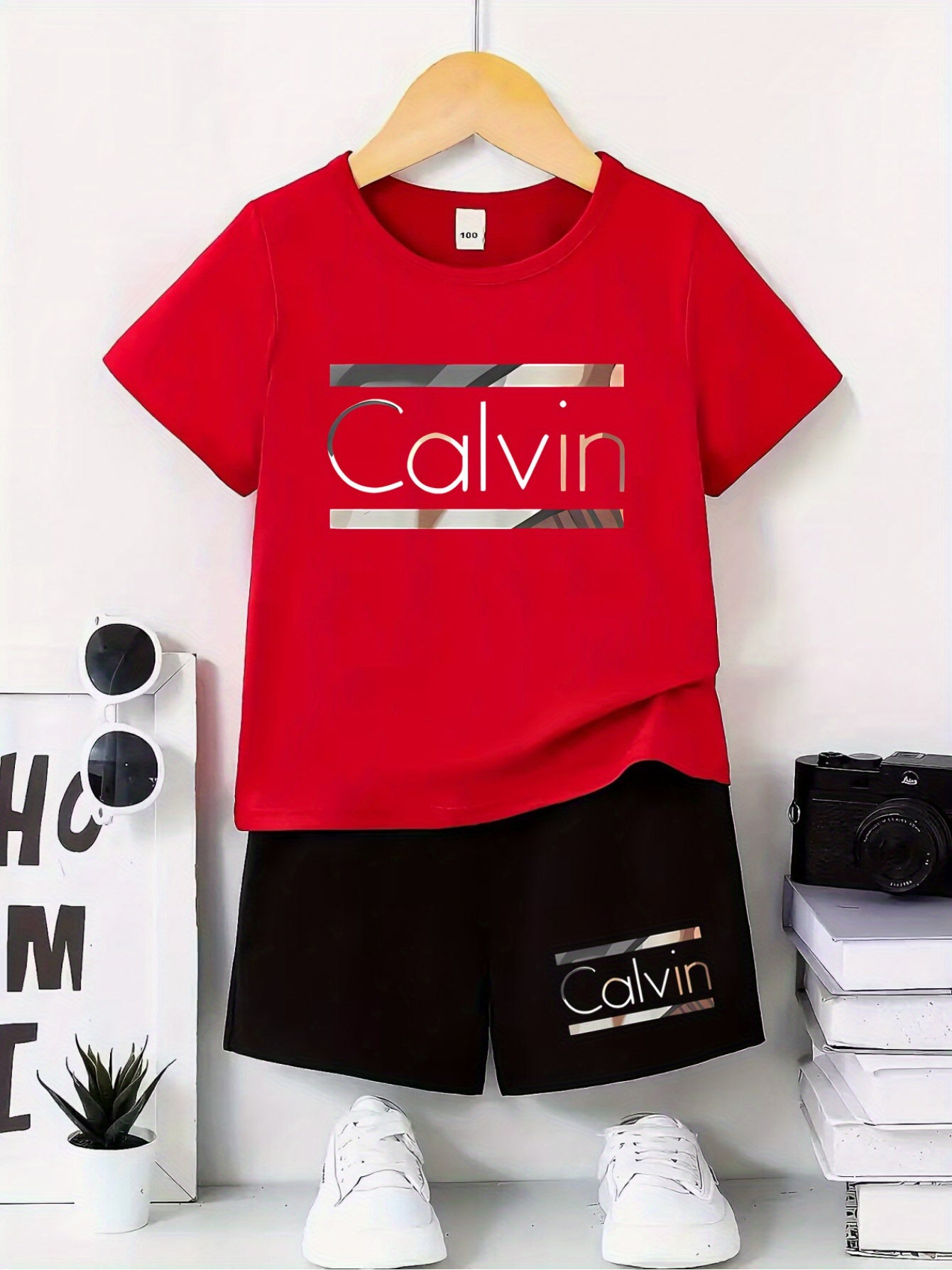 2pcs - Youngsters' Short Sleeve Shorts Set - Street Style Casual "Calvin" Letter Print, Vibrant Design - Summer Outdoor Outfit, Polyester Fabric, Comfortable for All Seasons, Daily Wear | Lively Printed Top | Stretchy Materia