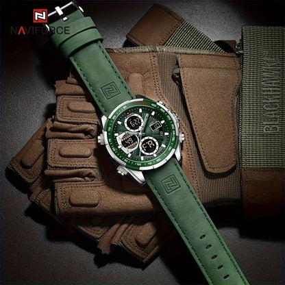 NAVIFORCE Men's Luxury Sports Quartz Watch - Waterproof, Genuine Leather Strap, Dual Display with Date & Chronograph Functions, Case, Green Accents, Luxury Timepiece|Tachymeter Equipped|Genuine Leather Band Valentine's Day