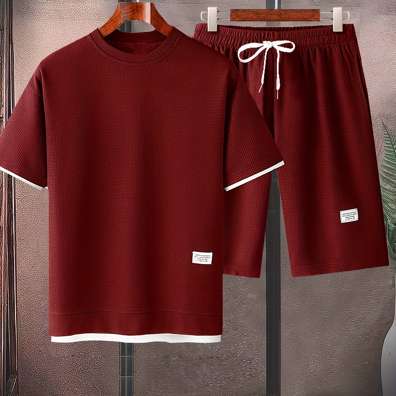 Waffle short-sleeved T-shirt Men's casual sports suit summer loose fake two-piece half-sleeve T-shirt set