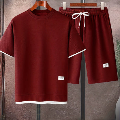 Waffle short-sleeved T-shirt Men's casual sports suit summer loose fake two-piece half-sleeve T-shirt set