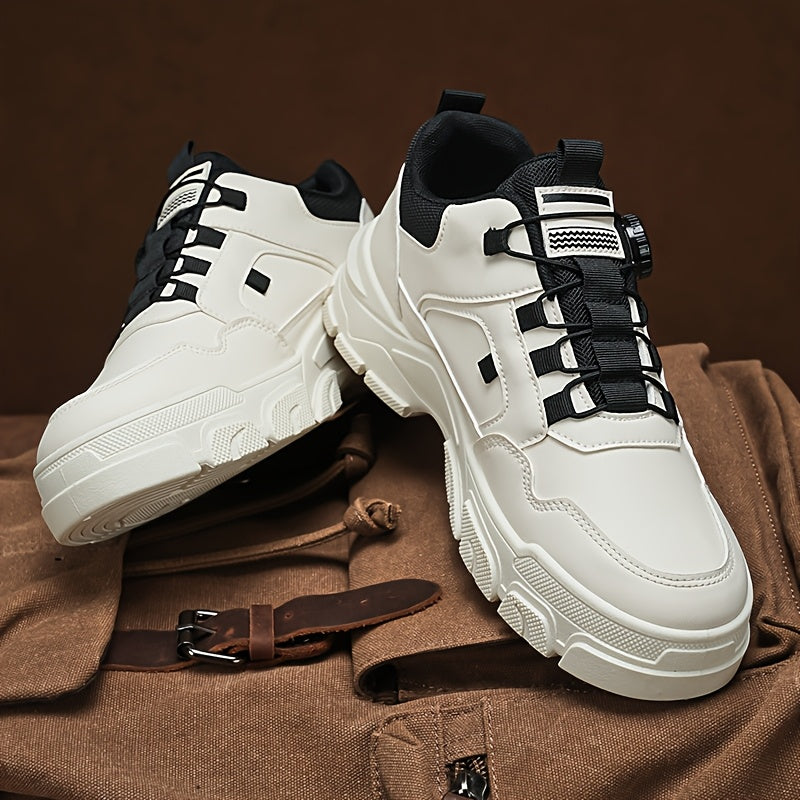 Men'S 2025 Spring Sneakers - Low-Top Lace-Up Casual Shoes with Rotating Button Closure, Breathable Mesh Lining & Cushioned EVA Sole for Running, Hiking, Gym - White & Black Design, Hiking Footwear, Modern Sneakers, Fabric Lin