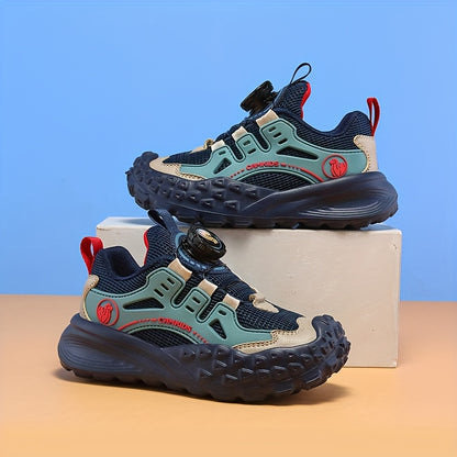 Boys' Breathable Mesh Sneakers with Rotating Button Closure - Lightweight EVA Sole, Durable PU & Fabric Upper, All-Season Outdoor Hiking Shoes for (Black/Green/Red Accents)