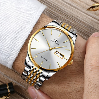 An Ideal Choice For A New FOURRON Brand Men's Luxury Stainless Steel Strap Simple Dial Quartz Watch With Date Calendar, Trendy Fashion Sports Casual Lifestyle Travel Multi-function Watch, Ideal For Friends' Birthdays, Holiday