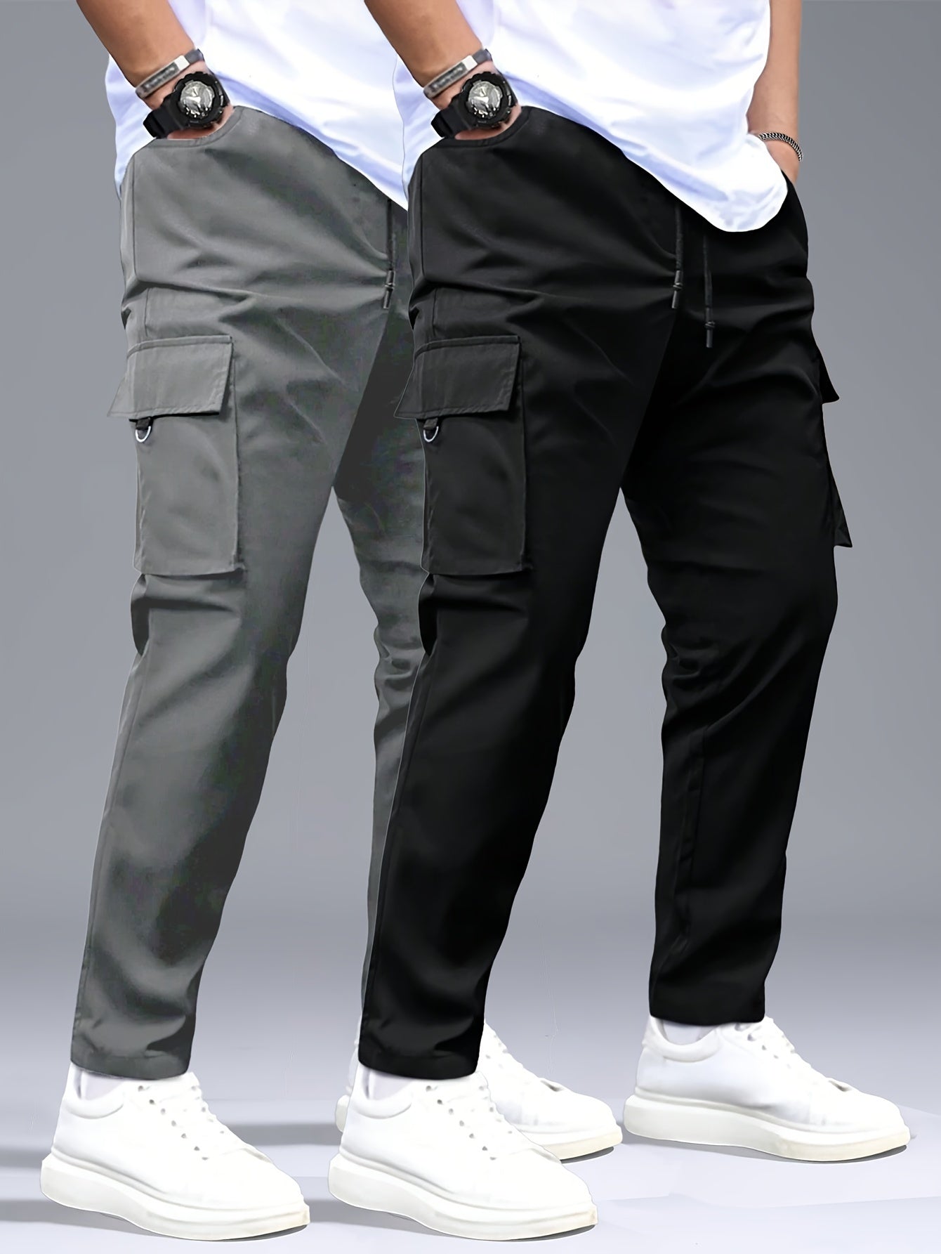 2pcs Men's Cargo Pants, Black & Gray with Drawstring Waist and Multiple Pockets, Durable Polyester, Ideal for Outdoor Activities and Casual Wear, Casual Wear Pants | Multiple Pocket Design | Durable Fabric Pants