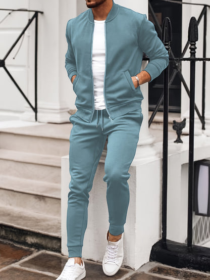Men'S Casual Polyester Sweatsuit Set with Baseball Collar and Slight Stretch - Solid Color Long Sleeve Knit Fabric Track Suit for Fall/Winter