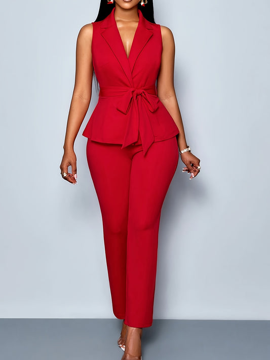 Elegant Solid Color Sleeveless Blazer & Pants Two-Piece Set - Lace-Up Detail, Waist Tie, All-Season Stylish Workwear for Women, Office Attire|Sleek Fit|Laceup Blazer