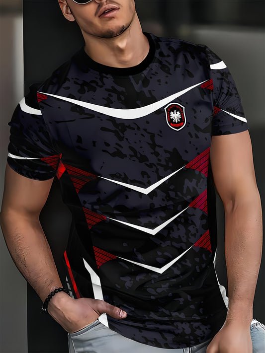 1pc Men'S Athletic Sports T-Shirt - Polyester Crew Neck with Slight Stretch, Patterned Knit Fabric, Casual Summer Top for Fitness & Training