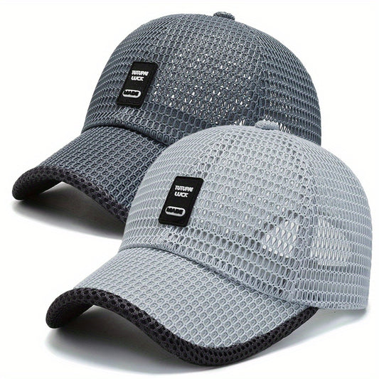 2pcs Unisex Quick-Dry Mesh Baseball Caps - Breathable, Adjustable Summer Sun Hats with Large Brims for Outdoor Activities, Black & Gray Textured Design